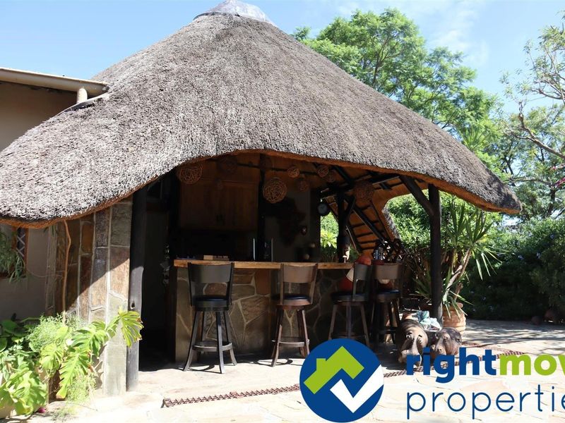 Outdoor thatched bar area featuring stone cladding and a built-in counter, perfect for entertaining in a garden setting.