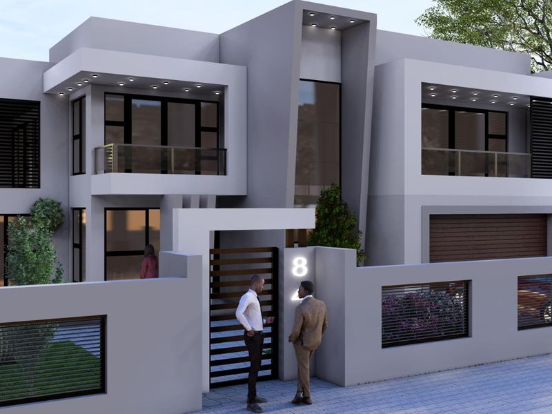 A contemporary double-story residential facade featuring clean architectural lines, integrated balconies, a secure boundary wall, and modern recessed exterior lighting.
