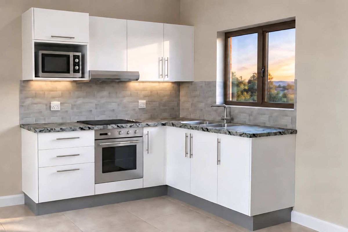 Modern kitchen featuring white cabinetry, stone-look countertops, built-in oven, hob, extractor fan, and a tiled backsplash with a window view.