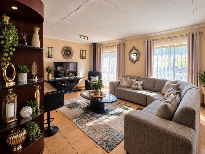 Spacious living room featuring tiled flooring, a freestanding fireplace, and large sliding doors providing natural light and access to the exterior.