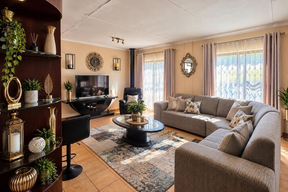 Spacious living room featuring tiled flooring, a freestanding fireplace, and large sliding doors providing natural light and access to the exterior.