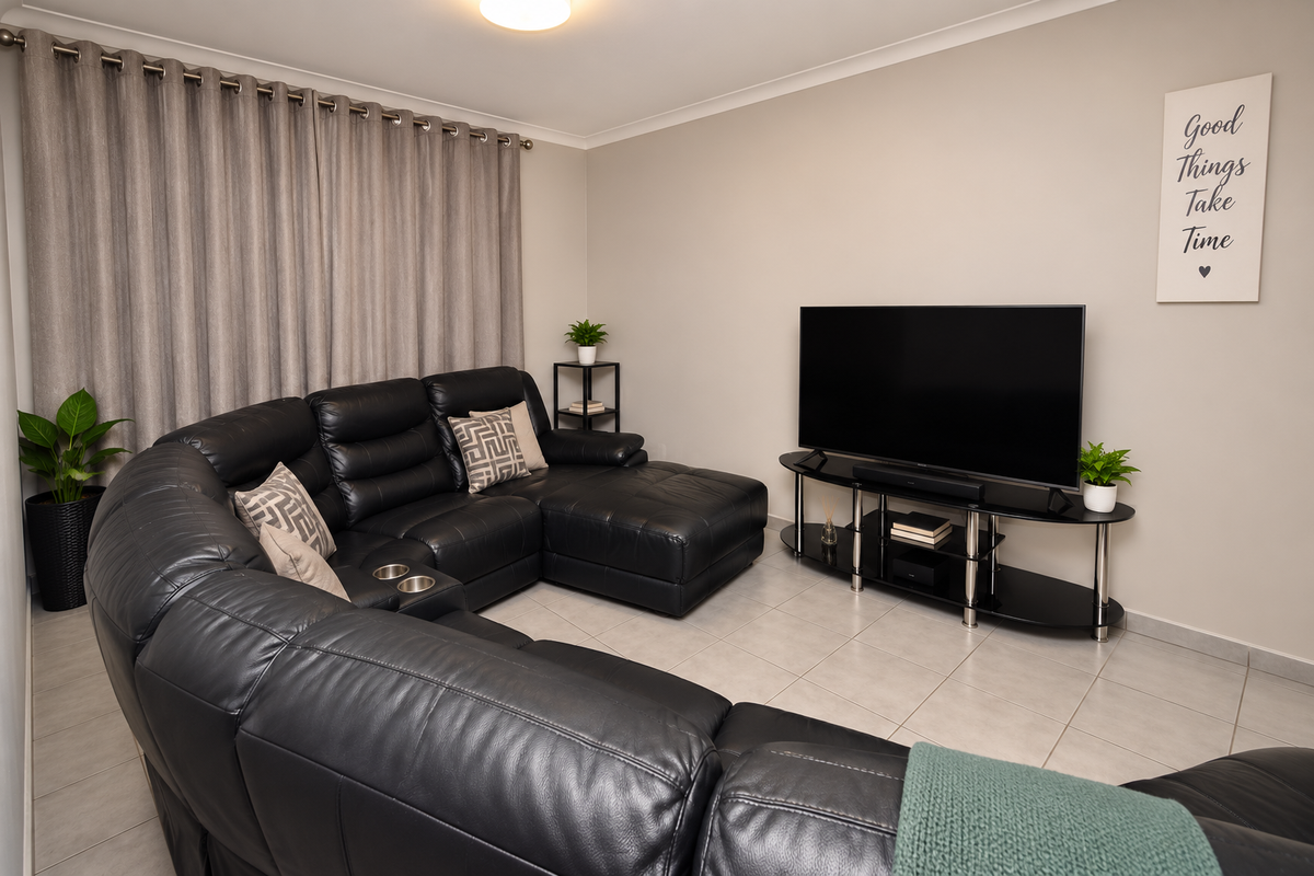 A well-maintained living room featuring neutral tiled flooring and clean wall finishes, providing a comfortable and functional space.