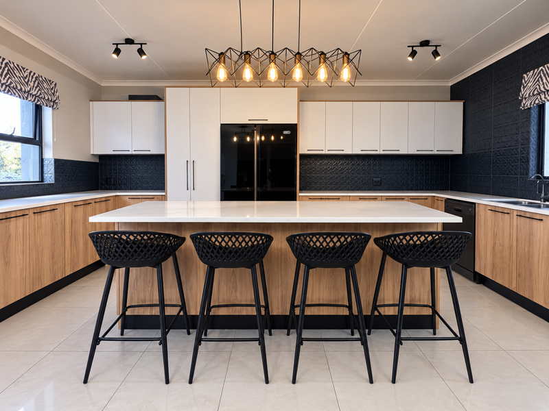 Modern kitchen featuring a central island with quartz countertops, sleek wood-grain cabinetry, textured black backsplash, and integrated appliances in a contemporary open-plan layout.