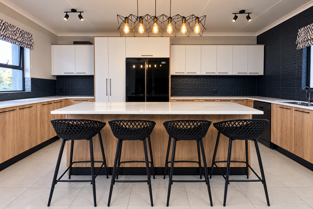 Modern kitchen featuring a central island with quartz countertops, sleek wood-grain cabinetry, textured black backsplash, and integrated appliances in a contemporary open-plan layout.