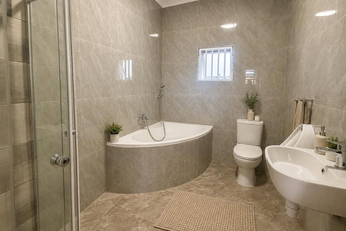 Modern bathroom featuring a corner bathtub, glass-enclosed shower, pedestal basin, and toilet, finished with neutral-toned floor-to-ceiling wall tiles.