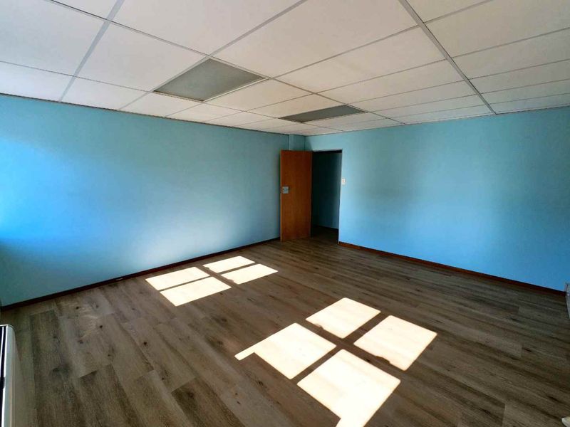 A vacant office space featuring wood-look vinyl flooring, blue painted walls, and a suspended ceiling with recessed lighting.