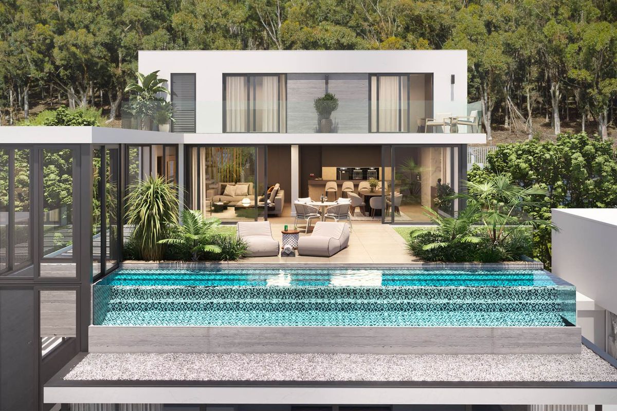 Modern rear elevation featuring a contemporary swimming pool, spacious tiled patio, and large sliding glass doors opening to an open-plan living area.