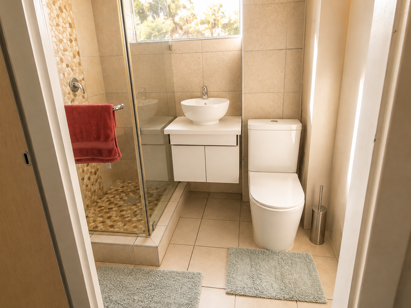 A modern, compact bathroom featuring a glass-enclosed shower with pebble mosaic flooring, a wall-mounted vanity with a vessel sink, and a dual-flush toilet.
