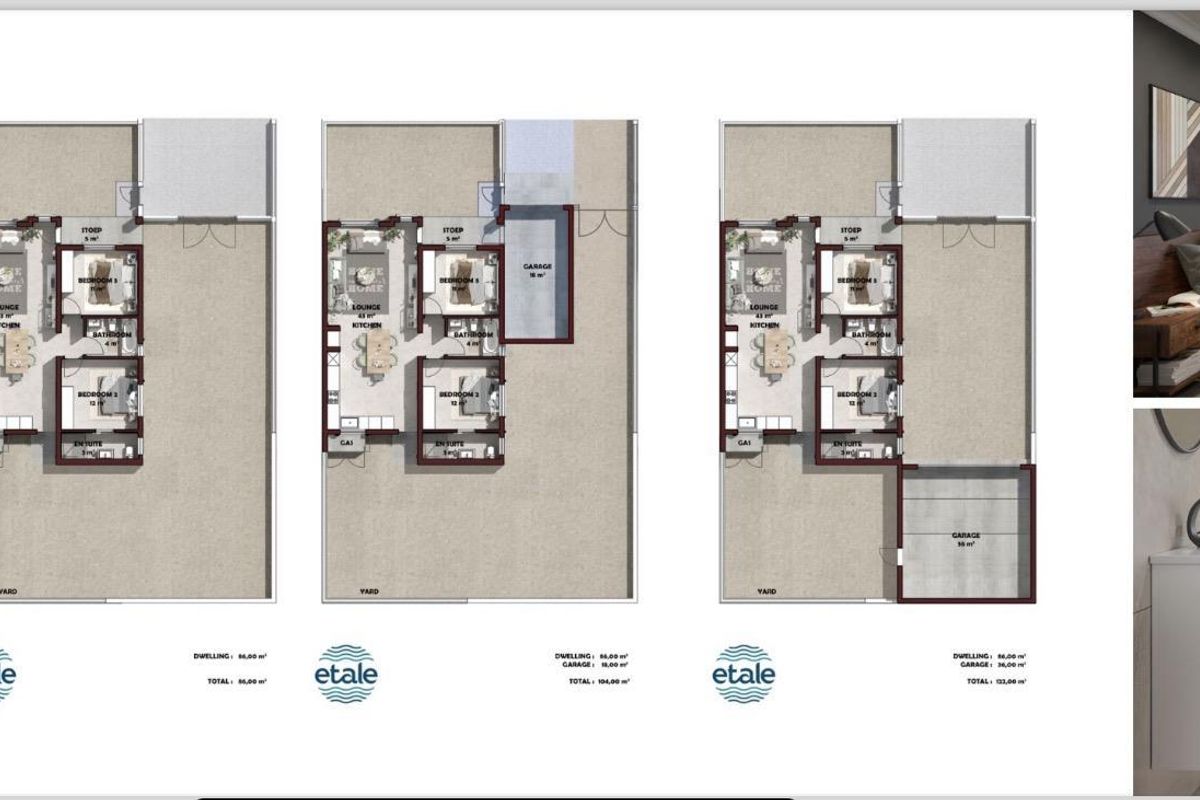 A promotional marketing collage featuring floor plans for two-bedroom unit types alongside interior renderings of a bedroom and bathroom.