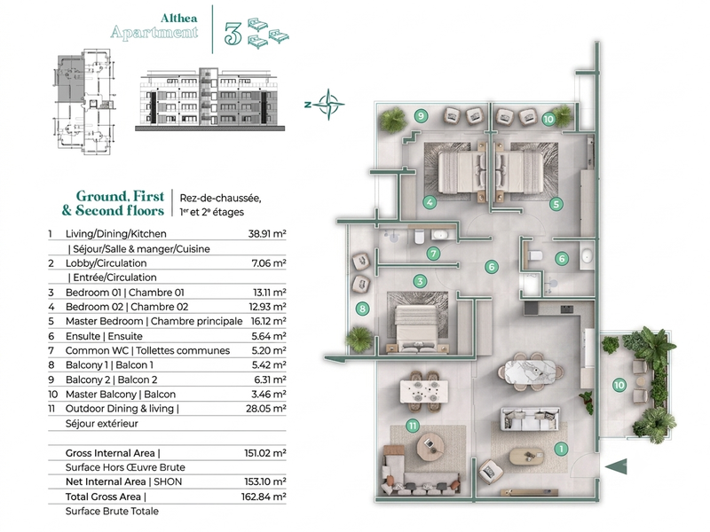 A detailed architectural floor plan for a three-bedroom apartment, showcasing the layout, room dimensions, and balcony spaces.