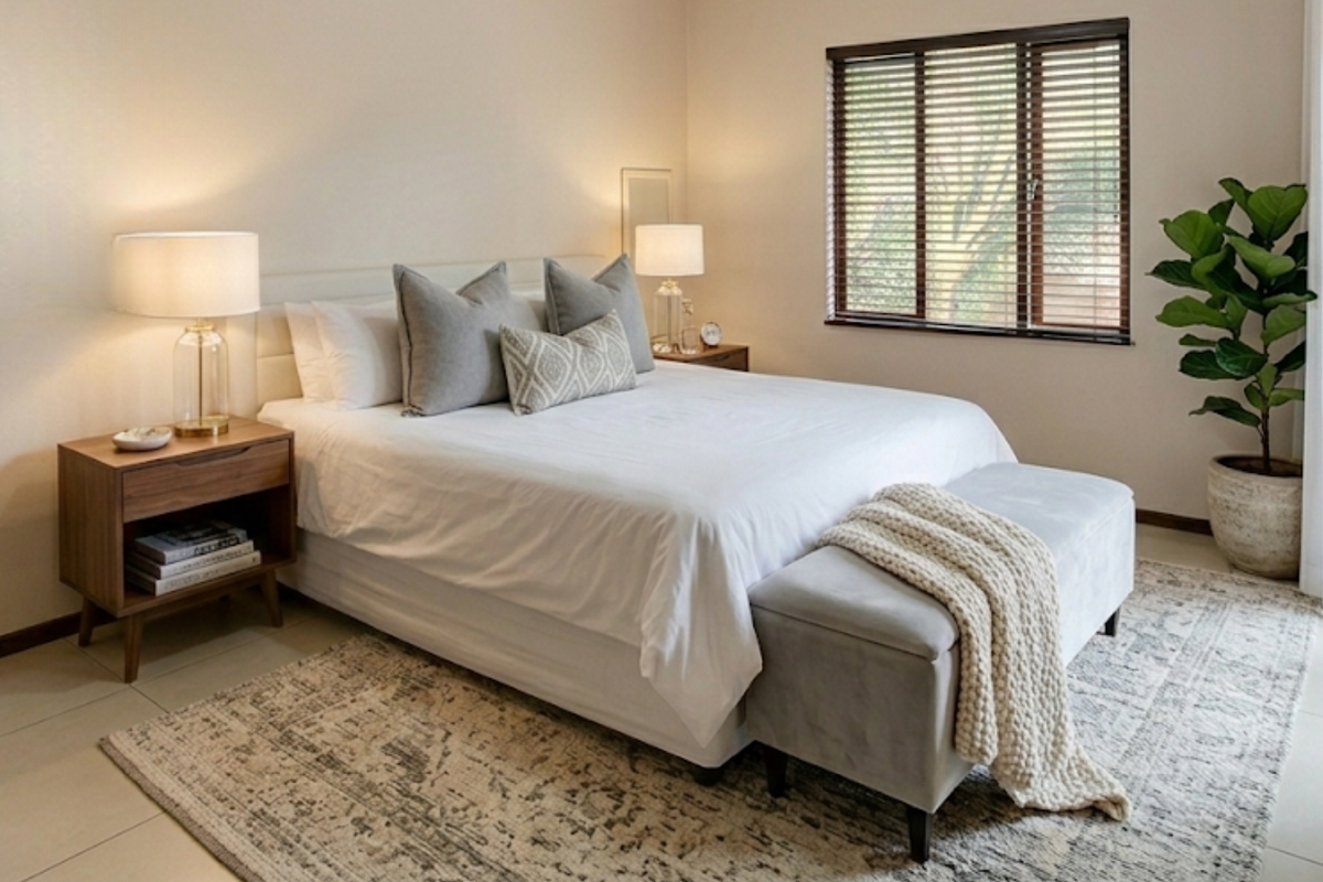 A well-maintained bedroom featuring neutral wall finishes, tiled flooring, and a window fitted with horizontal blinds, providing a bright and comfortable living space.