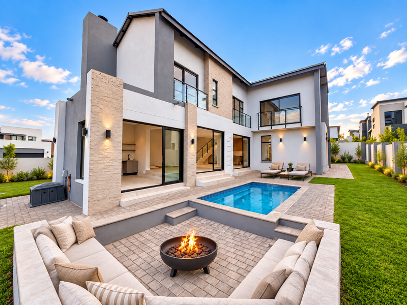 Modern double-story residence featuring a sunken fire pit, swimming pool, and expansive paved patio area with seamless indoor-outdoor flow.