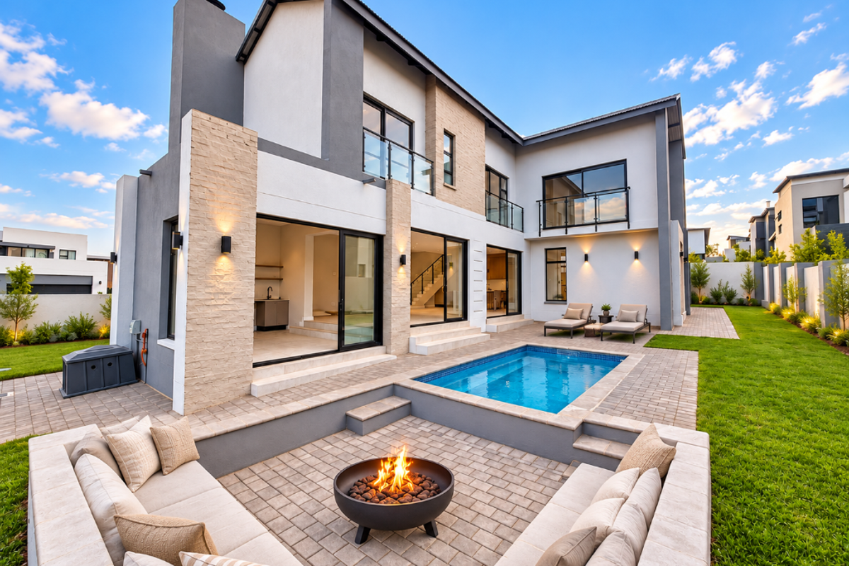 Modern double-story residence featuring a sunken fire pit, swimming pool, and expansive paved patio area with seamless indoor-outdoor flow.