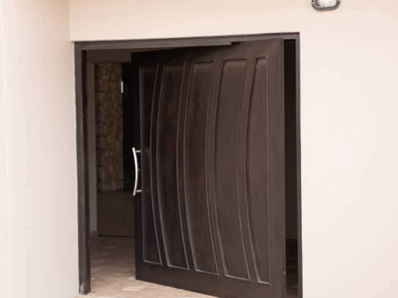 A modern dark-toned pivot entrance door set within a neutral-colored exterior facade, featuring a sleek handle and integrated wall lighting.