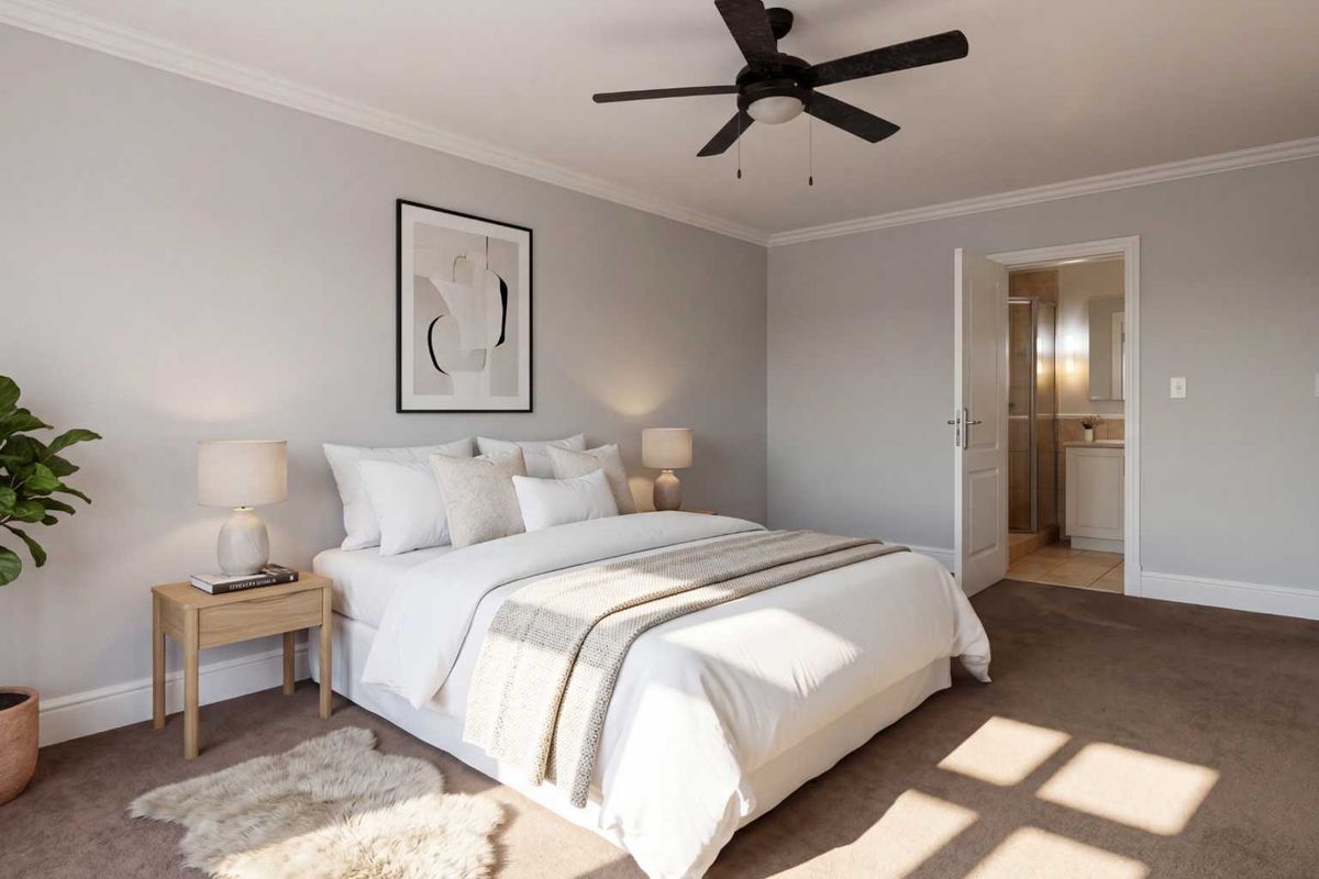 A well-maintained bedroom featuring neutral tones, a ceiling fan, built-in wardrobes, and direct access to an en-suite bathroom.