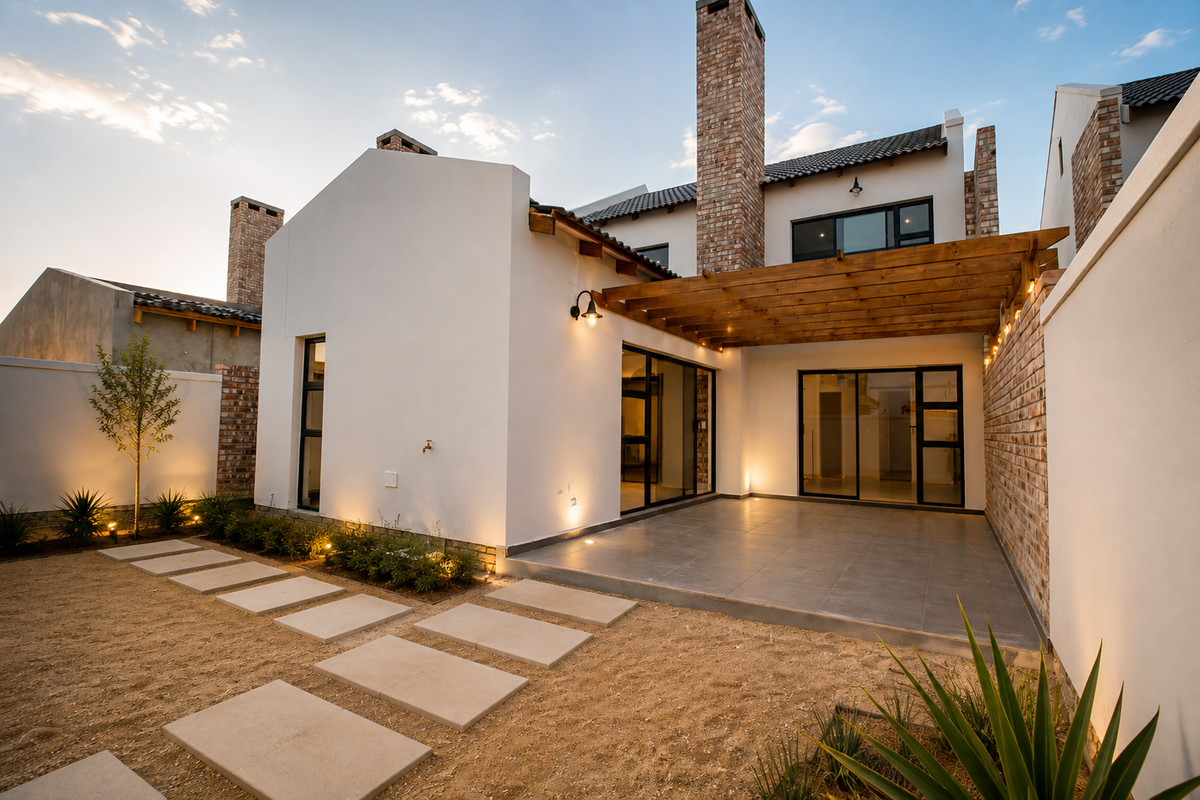 A modern rear townhouse elevation featuring a tiled patio, wooden pergola, brick chimneys, and landscaped garden area with paved stepping stones.