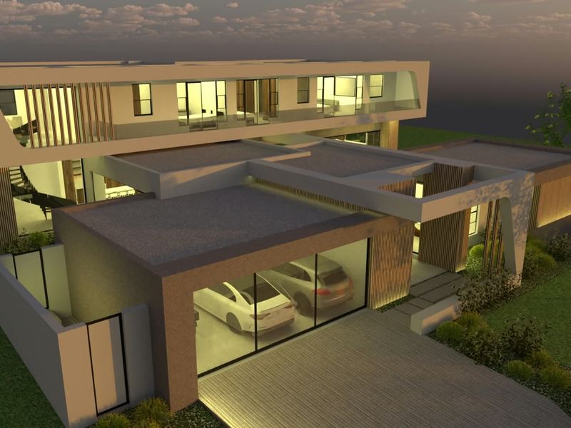An aerial perspective of a modern architectural house design featuring a flat roof, integrated garage, and expansive balcony areas.