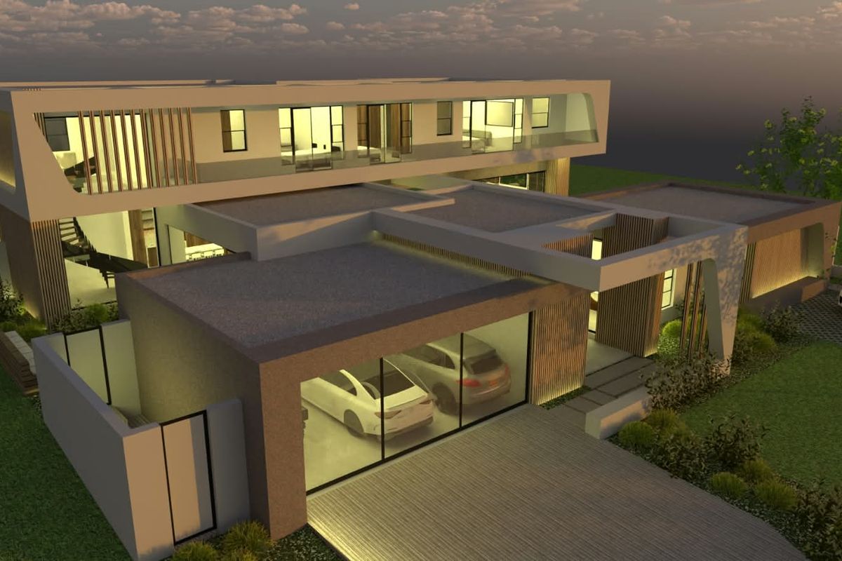 An aerial perspective of a modern architectural house design featuring a flat roof, integrated garage, and expansive balcony areas.