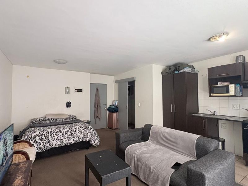 Open-plan studio apartment featuring a compact kitchenette with built-in appliances and a combined living and sleeping area.