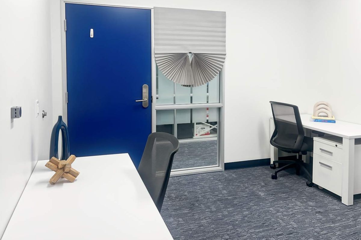 A clean, modern office space featuring blue accent door, carpeted flooring, and a glass sidelight window with a pleated blind.
