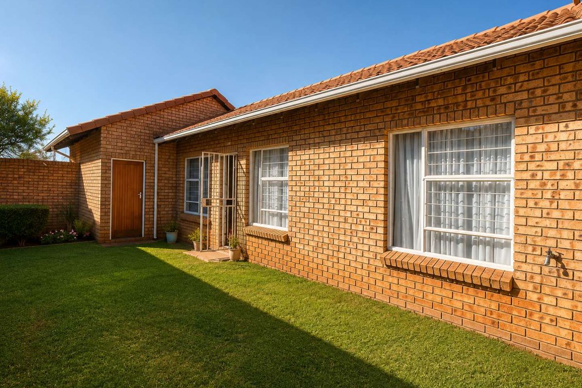 A well-maintained rear exterior view of the townhouse featuring face brick walls, a tiled roof, and a neat private lawn area.