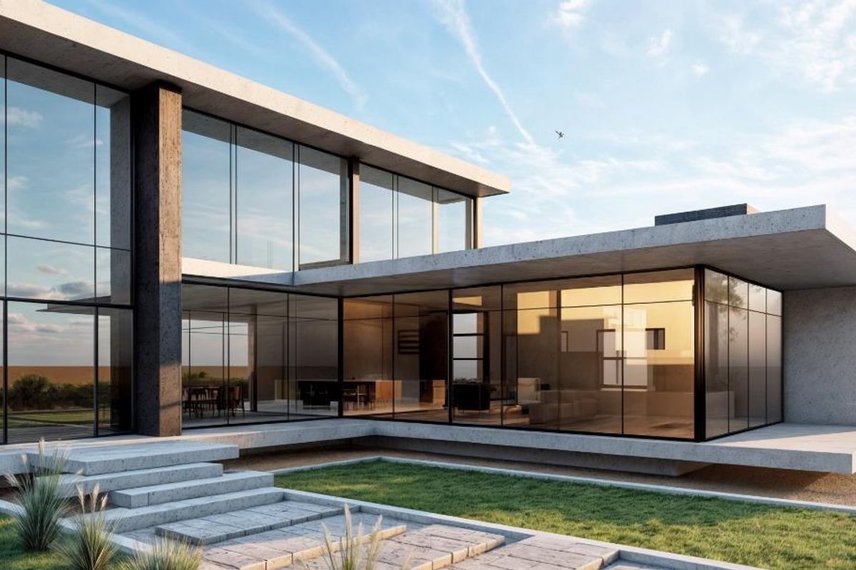 Modern architectural residence featuring extensive floor-to-ceiling glass walls, concrete structural elements, and a clean, minimalist landscaped exterior.