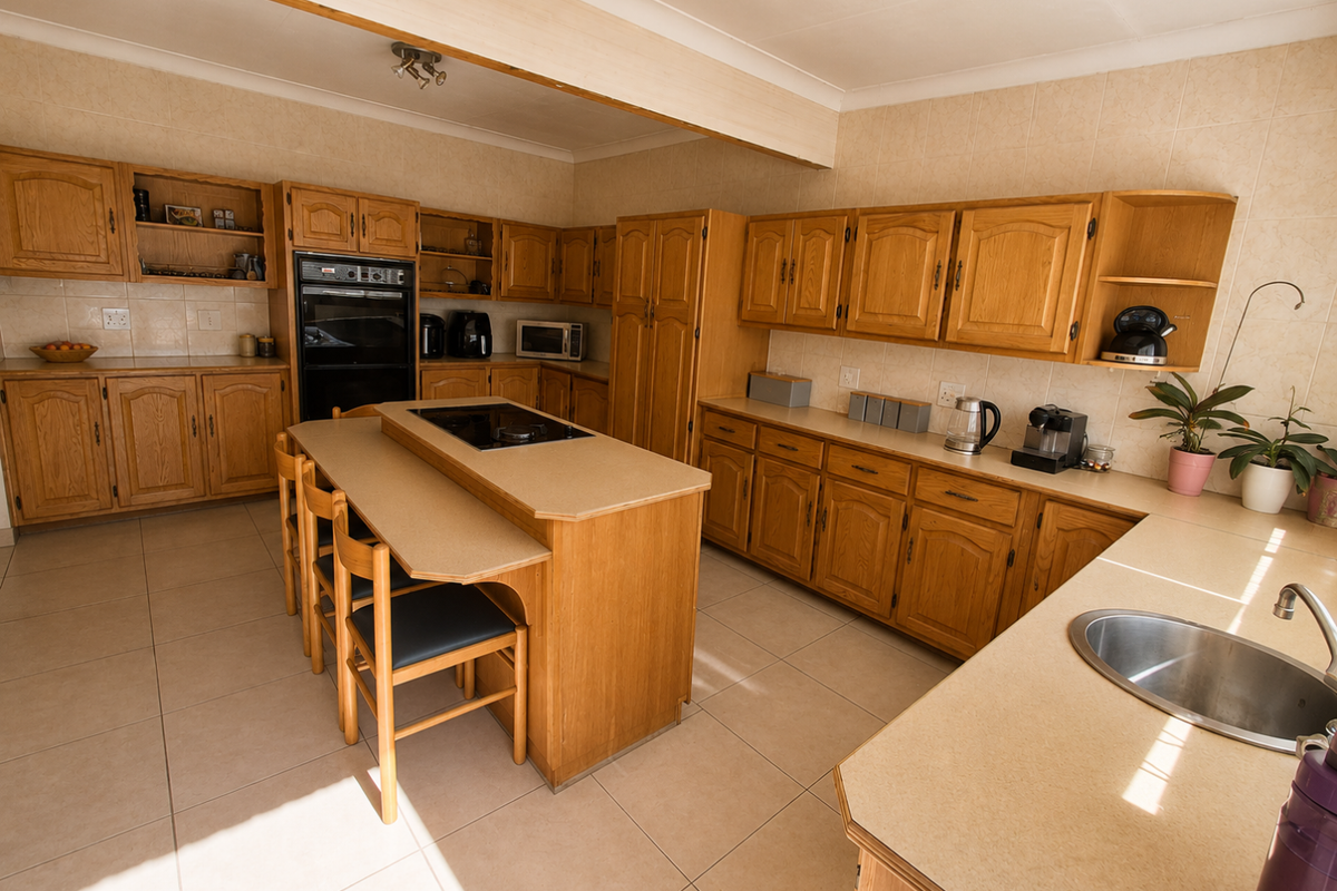 Spacious kitchen featuring extensive wooden cabinetry, laminate countertops, a central island with integrated hob, and tiled flooring throughout.