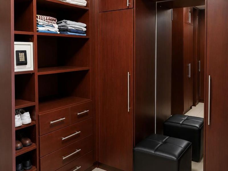 A well-organized walk-in closet featuring custom dark wood cabinetry, integrated shelving, drawers, and a full-length mirror.