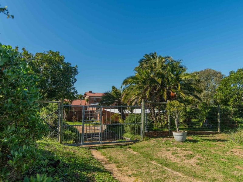 Front view of the property entrance featuring a metal driveway gate, wire fencing, and established garden surroundings leading to the main house.