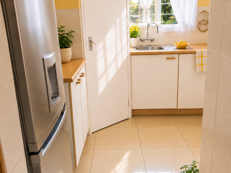 A functional kitchen featuring tiled flooring, built-in cabinetry with laminate countertops, a stainless steel sink, and a tiled splashback.