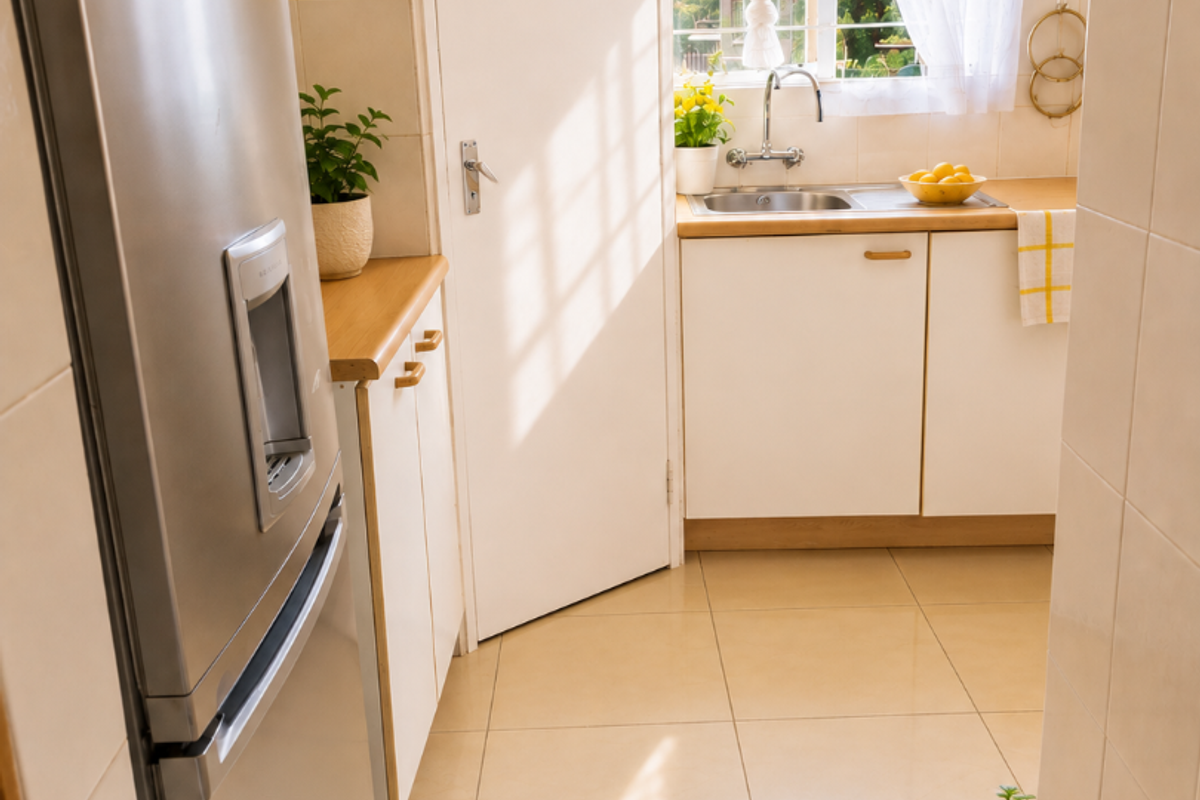 A functional kitchen featuring tiled flooring, built-in cabinetry with laminate countertops, a stainless steel sink, and a tiled splashback.
