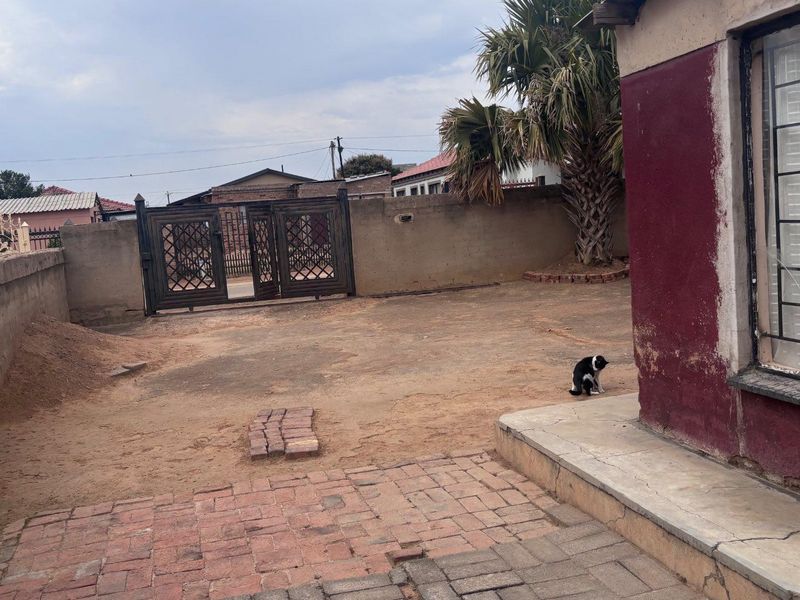 Rear exterior area featuring a paved patio, perimeter wall, and metal security gate, requiring landscaping and exterior maintenance to improve curb appeal.
