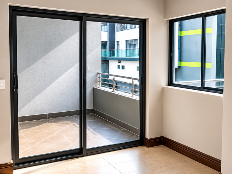 A bright, empty living area featuring neutral tiled floors, modern skirting boards, and large sliding glass doors providing direct access to a private balcony.