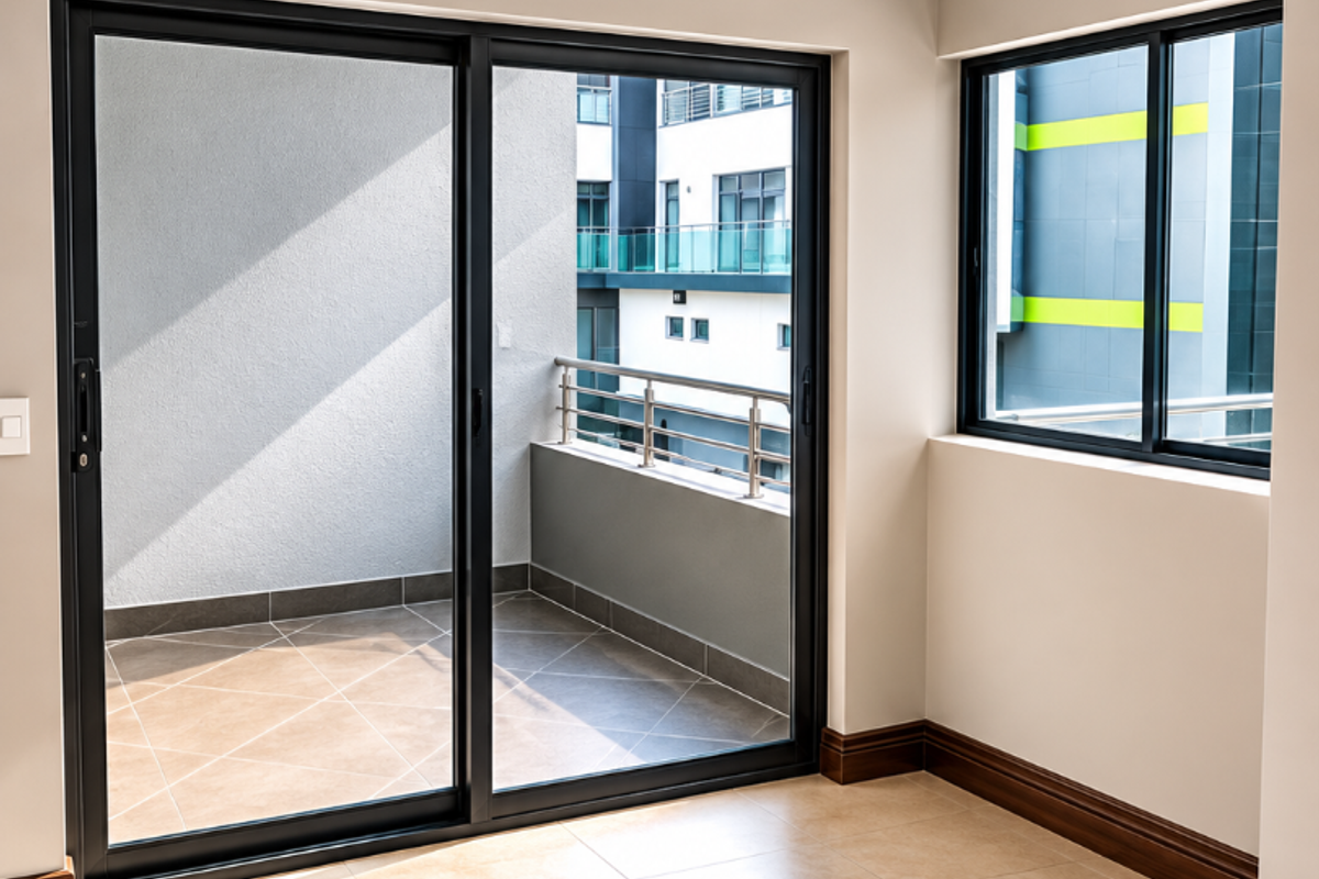 A bright, empty living area featuring neutral tiled floors, modern skirting boards, and large sliding glass doors providing direct access to a private balcony.