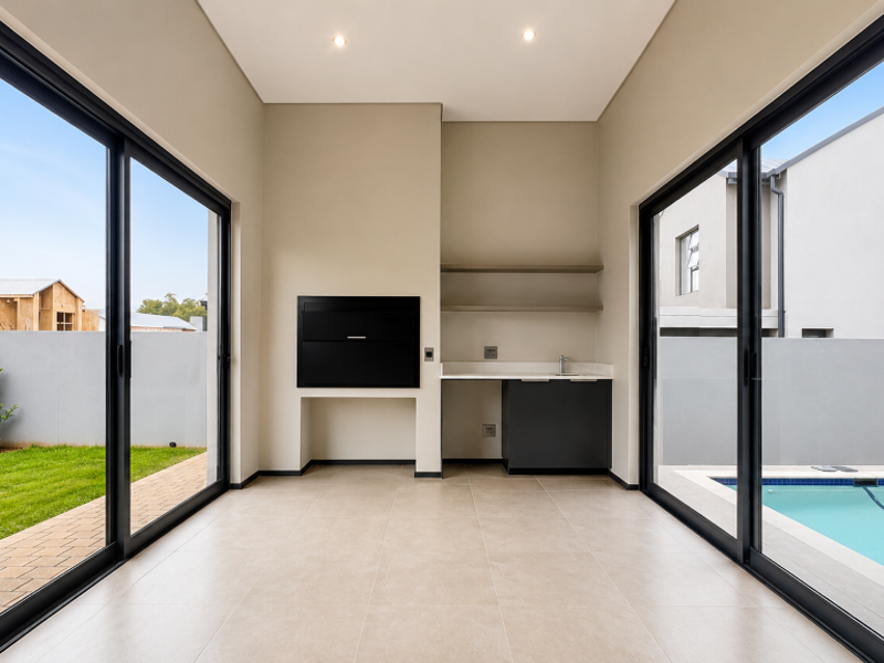 Modern covered patio featuring a built-in braai, kitchenette with sink, and large sliding glass doors opening to the garden and swimming pool area.