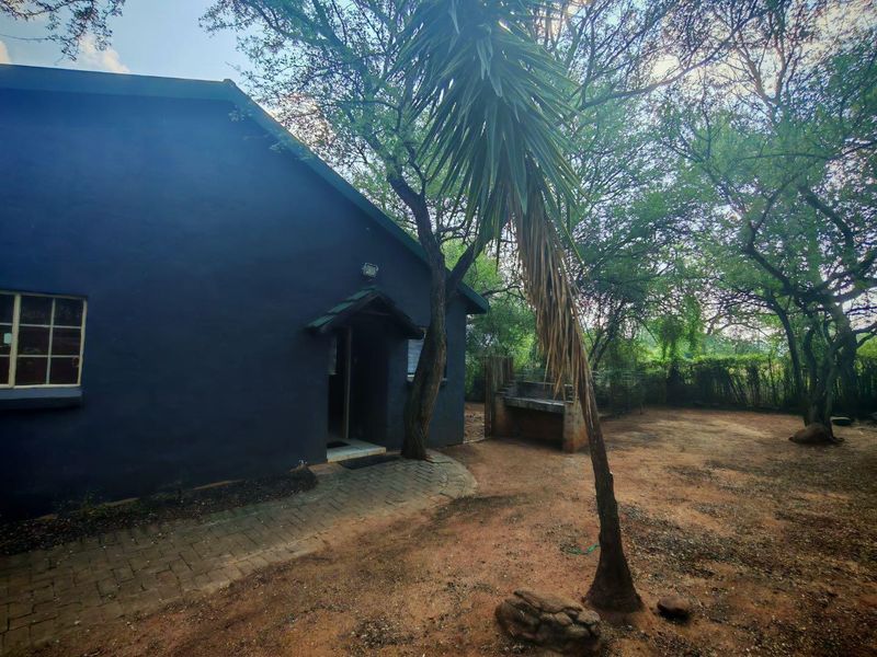 Rear exterior view of the property featuring a paved walkway, built-in braai area, and mature trees in a natural garden setting.