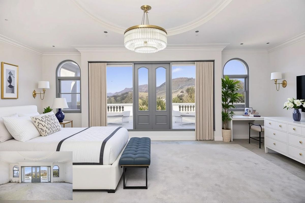 Spacious primary bedroom featuring elegant crown molding, a central chandelier, and double doors opening onto a private balcony with scenic mountain views.