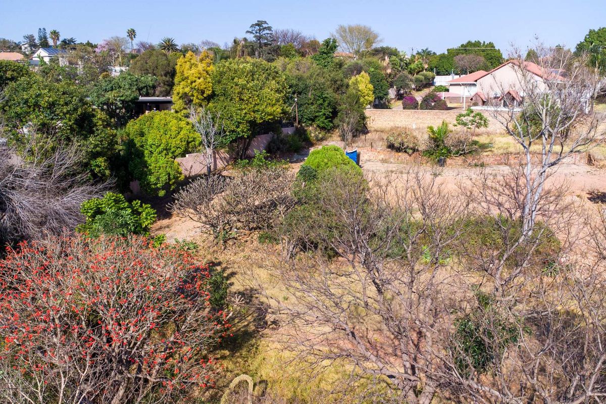 Aerial view of a vacant residential plot featuring established trees, natural vegetation, and perimeter boundary walls in a suburban setting.