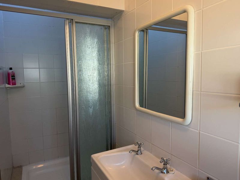 A functional bathroom featuring a shower enclosure with sliding doors, a pedestal basin with dual-handle taps, and a wall-mounted mirror.