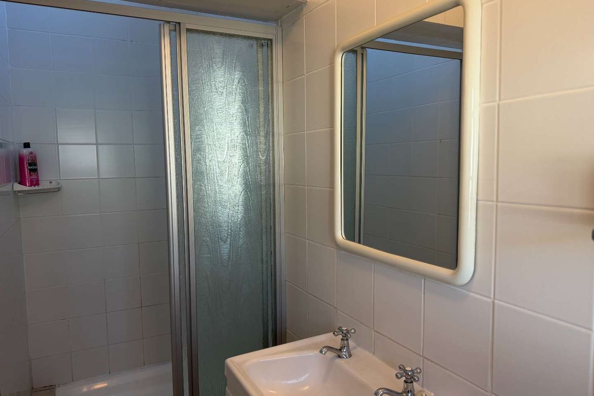 A functional bathroom featuring a shower enclosure with sliding doors, a pedestal basin with dual-handle taps, and a wall-mounted mirror.
