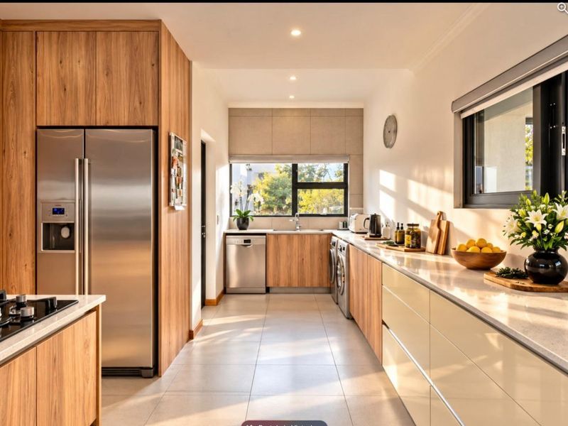 A modern, well-appointed scullery featuring sleek wood-grain cabinetry, stone countertops, integrated appliances, and ample natural light from a large window.
