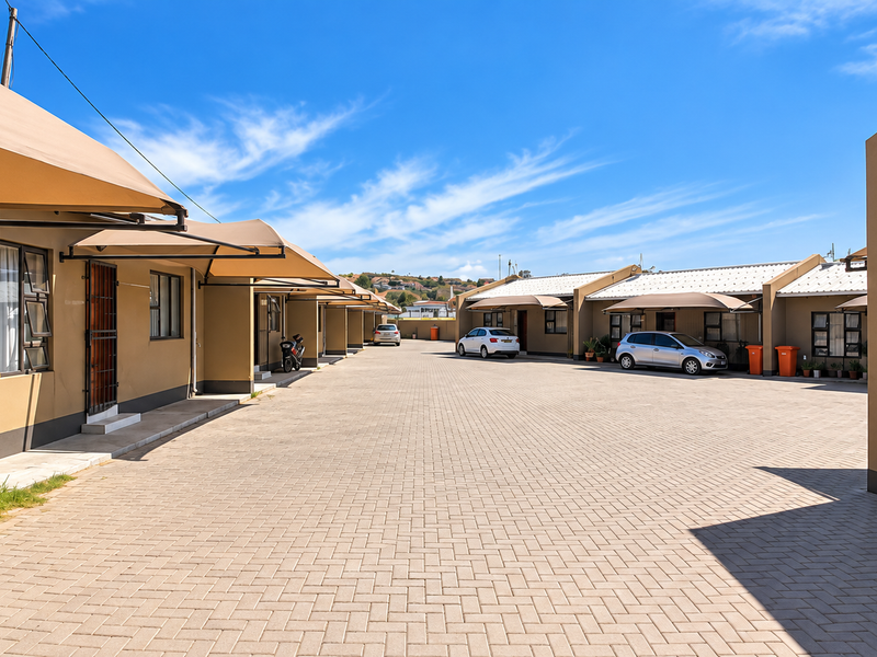 A well-maintained townhouse complex featuring a paved driveway, uniform exterior facades, and protective canvas awnings over the entrances.