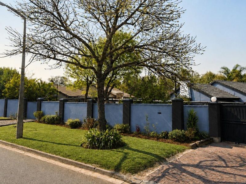 Street view of the property featuring a blue perimeter wall, paved driveway, and secure sliding gate entrance.