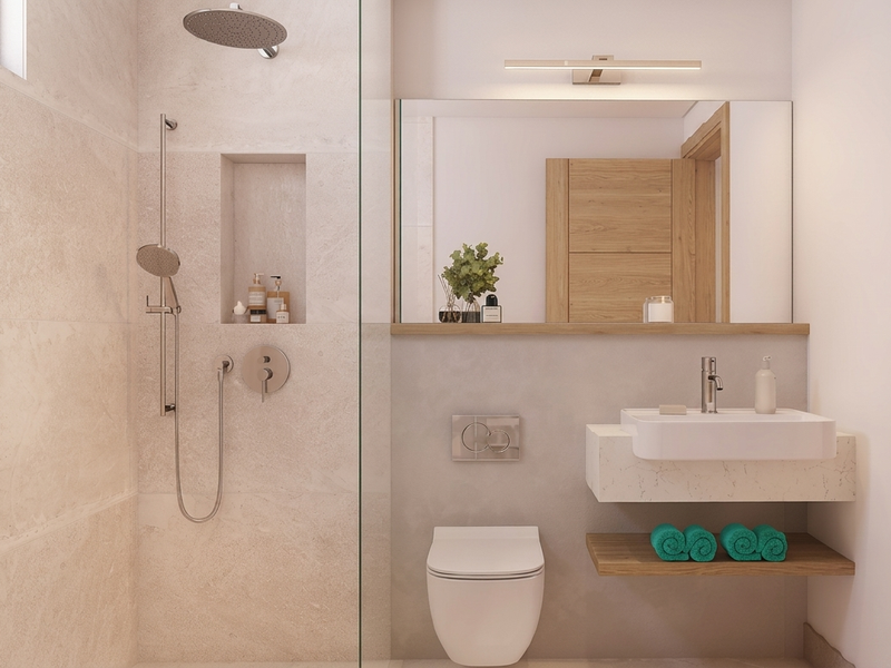 Modern bathroom featuring a floating vanity, wall-mounted toilet, and a spacious walk-in shower with a rain shower head and built-in niche.