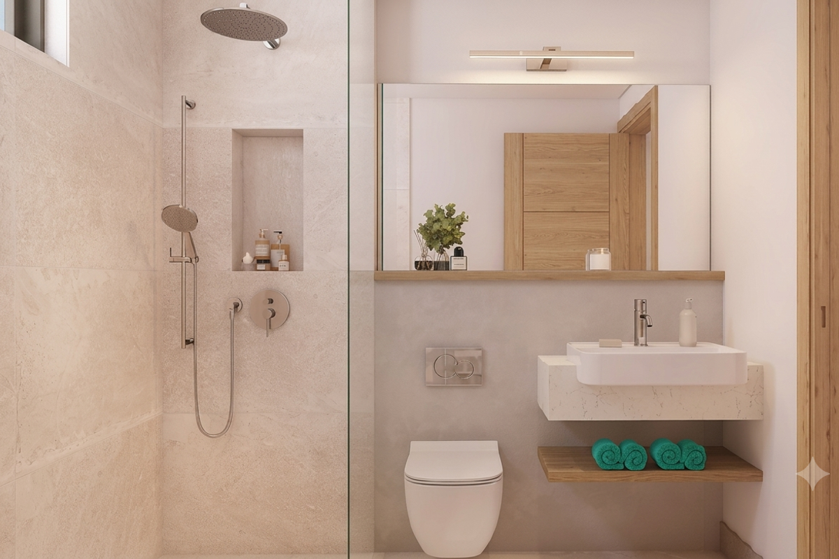 Modern bathroom featuring a floating vanity, wall-mounted toilet, and a spacious walk-in shower with a rain shower head and built-in niche.