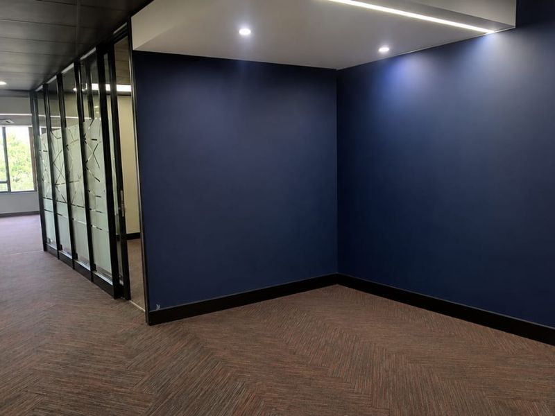 Modern empty office space featuring dark blue accent walls, glass partitions, recessed lighting, and patterned carpet flooring.