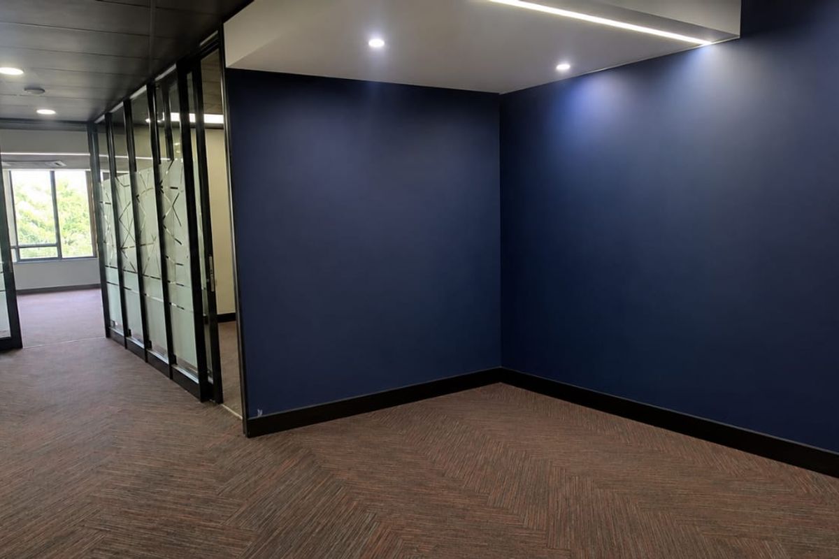 Modern empty office space featuring dark blue accent walls, glass partitions, recessed lighting, and patterned carpet flooring.