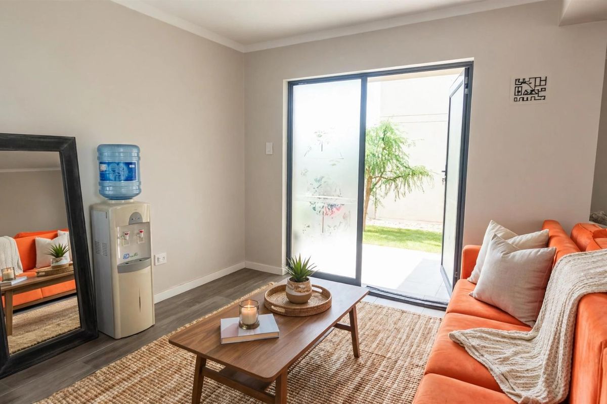 A bright living room featuring modern laminate flooring and a sliding glass door providing direct access to the outdoor garden area.