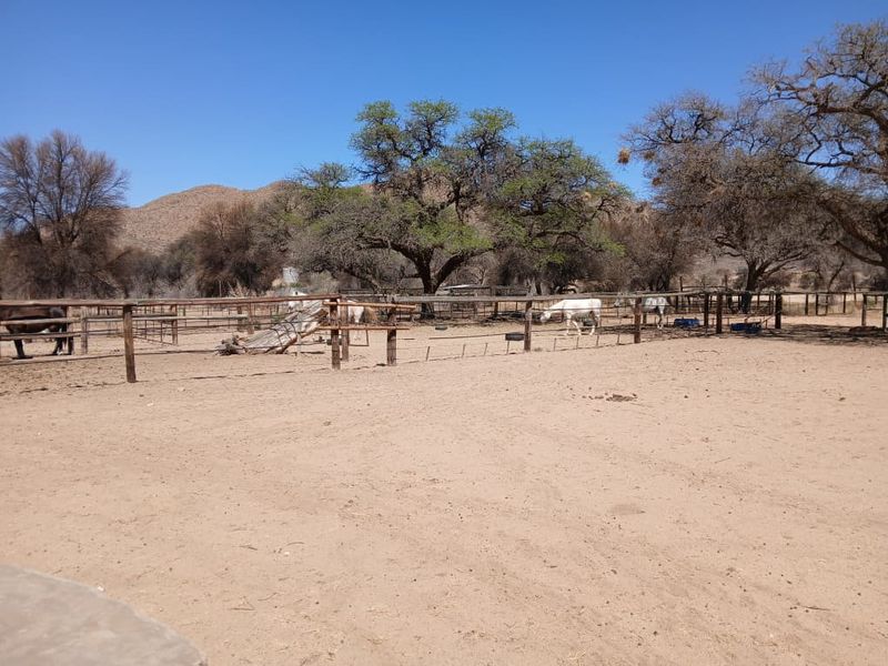 An outdoor equestrian paddock area featuring post and rail fencing set against a natural landscape.