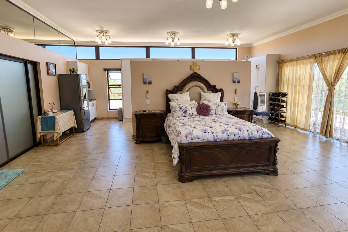 Spacious bedroom featuring tiled flooring, built-in cabinetry, and large windows with natural light, offering a versatile layout with integrated storage solutions.